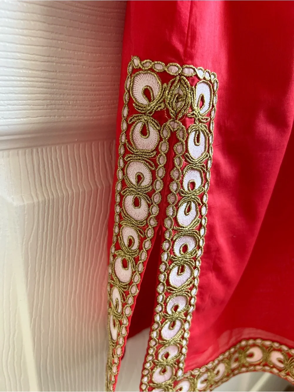 Tory Burch Coral Tunic Dress with Gold & White Embroidery